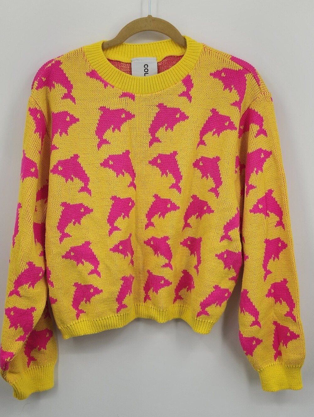 COLLUSION WOMEN'S BOXY SWEATER CREW NECK LONG SLEEVE DOLPHIN PRINT YELLOW SZ 14